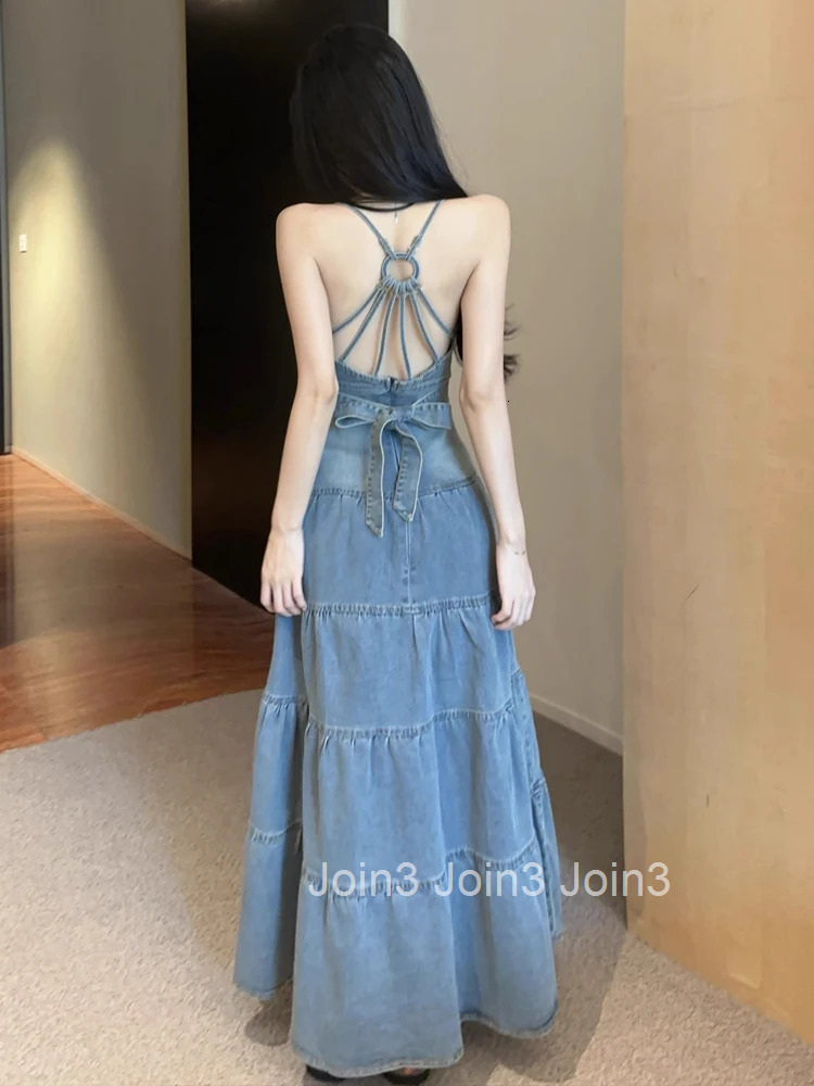 Women Clothes Y2K Denim Sexy Strap Backless Slim Maxi Long A-Line Dress Elegant Fashion Party Prom Vestido Robe Beach Casual New