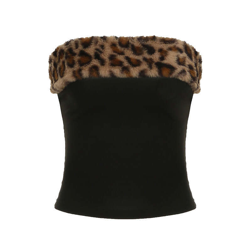 Trendy Sexy Ruched Short Tube Top Vest Drawstring Low Waist Shorts Leopard Print Faux Fur Patchwork Two-Piece Set B5