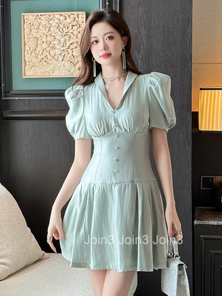New Summer French Fashion Casual Solid V-Neck A-Line Short Dress Women Clothes Sweet Retro Puff Sleeve Corset Slim Party Vestido