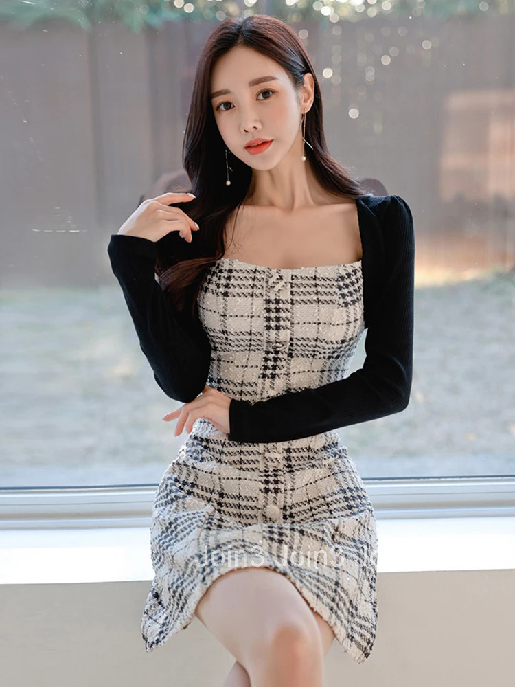 New Fashion Spring Autumn Fake 2-Piece Short A-Line Dress Ladies Women Elegant Square Collar Slim Mini Party Prom Mujer Vestidos