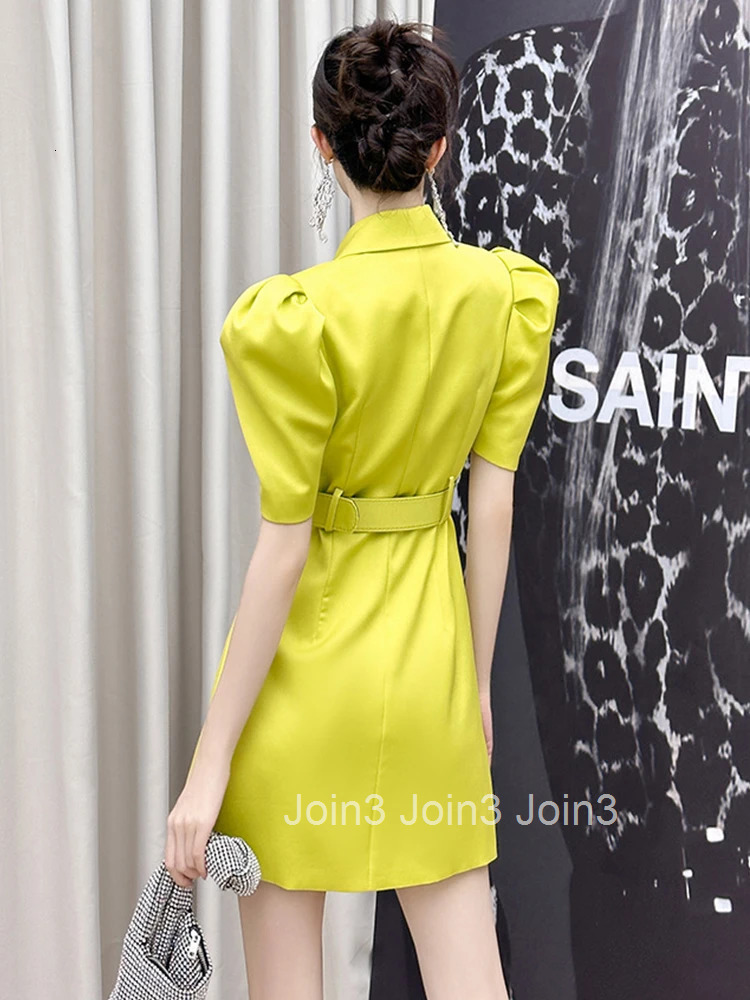 New Summer Luxury Elegant Women Evening Short Dress Blazer Commute Formal Satin Puff Sleeve Belt Slim Mini Party Mujer Vestidos