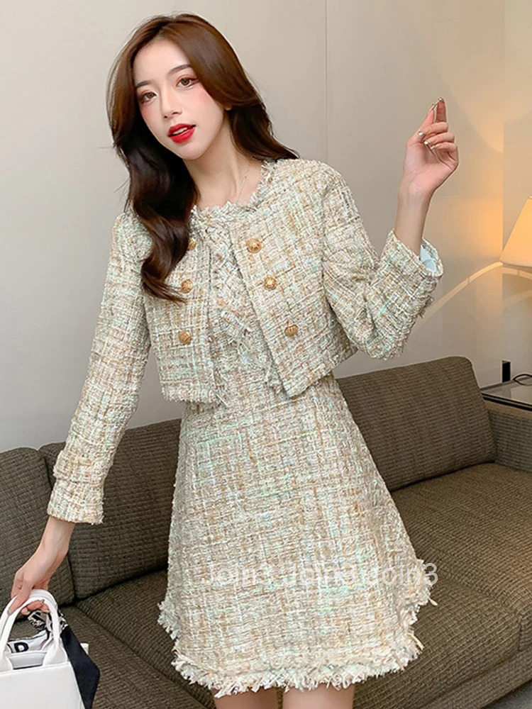 New Tweed 2 Pieces Outfits Women Ladies Vintage Short Coat Jacket Outwear And Sleeveless Slim Mini A-line Short Dress Mujer Set