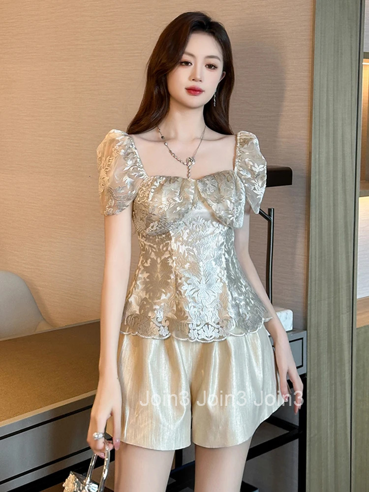 New Fashion Summer Sweet 2 Pieces Outfit Women Clothes Lace Square Collar Tops Shirt Blouse And High Waist Shorts Mujer Slim Set