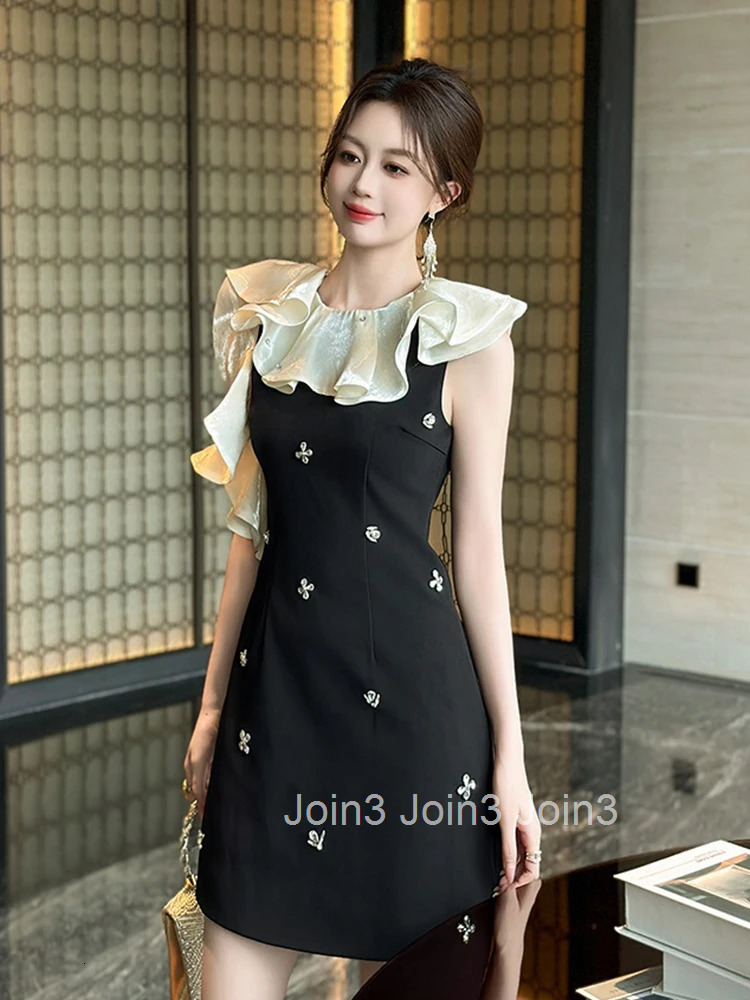 Summer Elegant Luxury Black Gown Evening Dress Women Clothes Sweet Ruffle Sleeveless Slim Short Party Club Prom Vestidos Fiesta