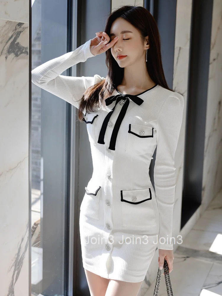 Korean Fashion Autumn Winter Knitted Short Dress Mujer Women Ladies Sweater O-Neck Long Sleeve Skinny Vestidos Stretchy Clothes