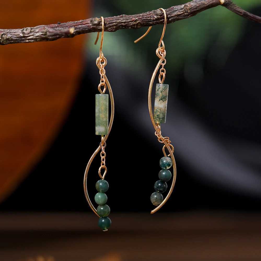 Personality Design Curved Earrings For Women Vintage Green Stones Round Beads Pendants Ladies Ear Accessories Jewelry EarringsXJ250623
