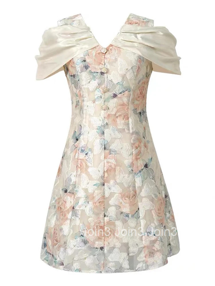 Summer Fashion Jacquard Weave V-Neck A-Line Short Dress Women Clothes Sweet Floral Print Sexy Off-Shoulder Slim Party Vestidos