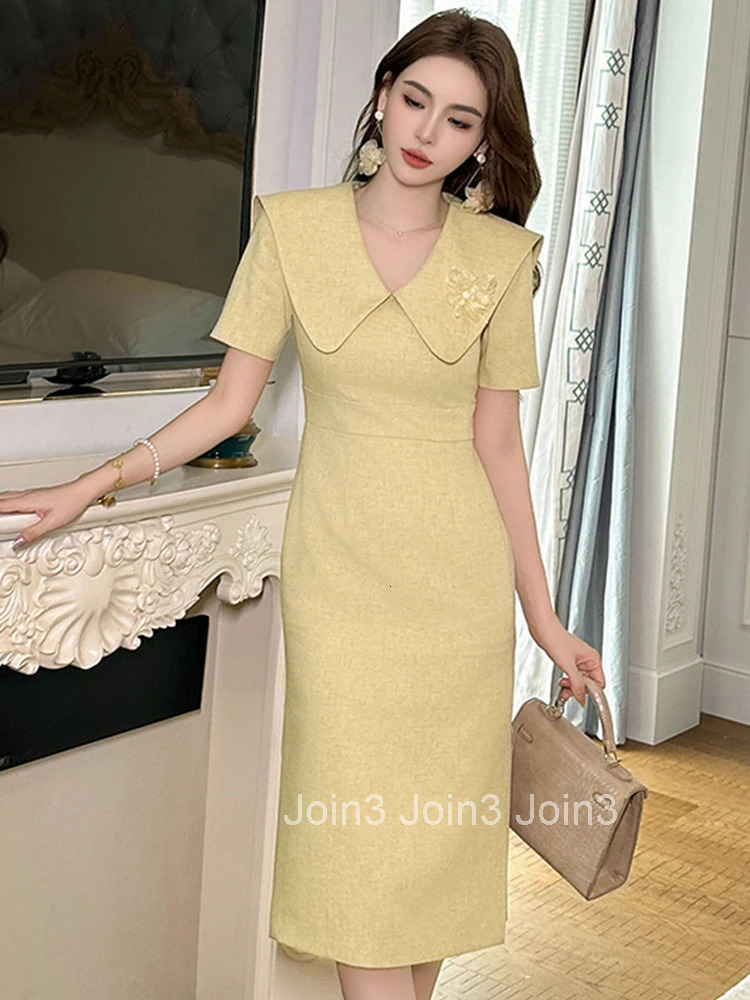Summer Fashion Sweet Commute Formal Occasion Pencil Dress Women Clothes Elegant Office Peter Pan Collar Slim Slit Midi Vestidos