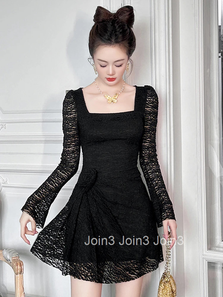 Women Clothes Sweet Lace Floral Sexy Square Neck Slim A-Line Mini Short Dress Elegant Fashion Evening Party Prom Vestidos Casual