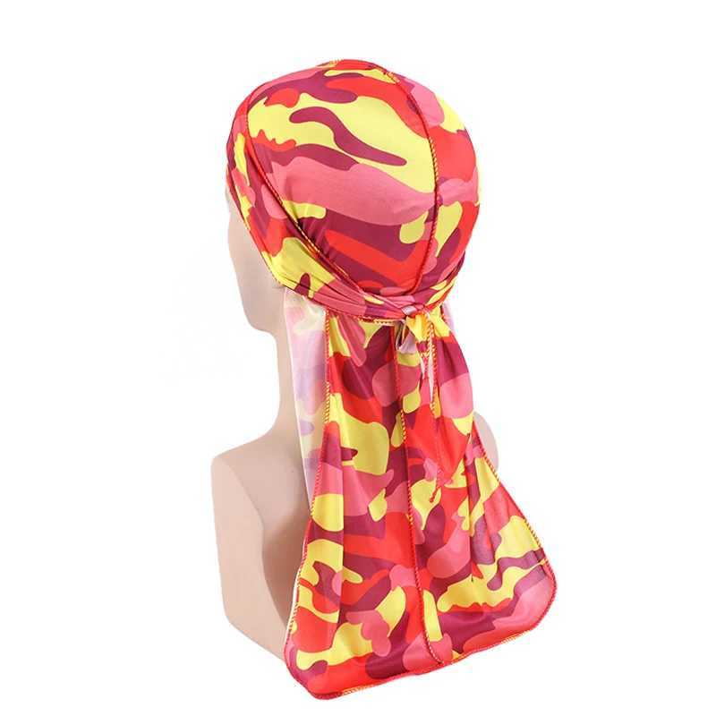 Fashion Camouflage Printed Long Tail Pirate Hat Silky Satin Durags Bandana Mens Silky Durags Turban Hat Adjustable Headwrap M250623