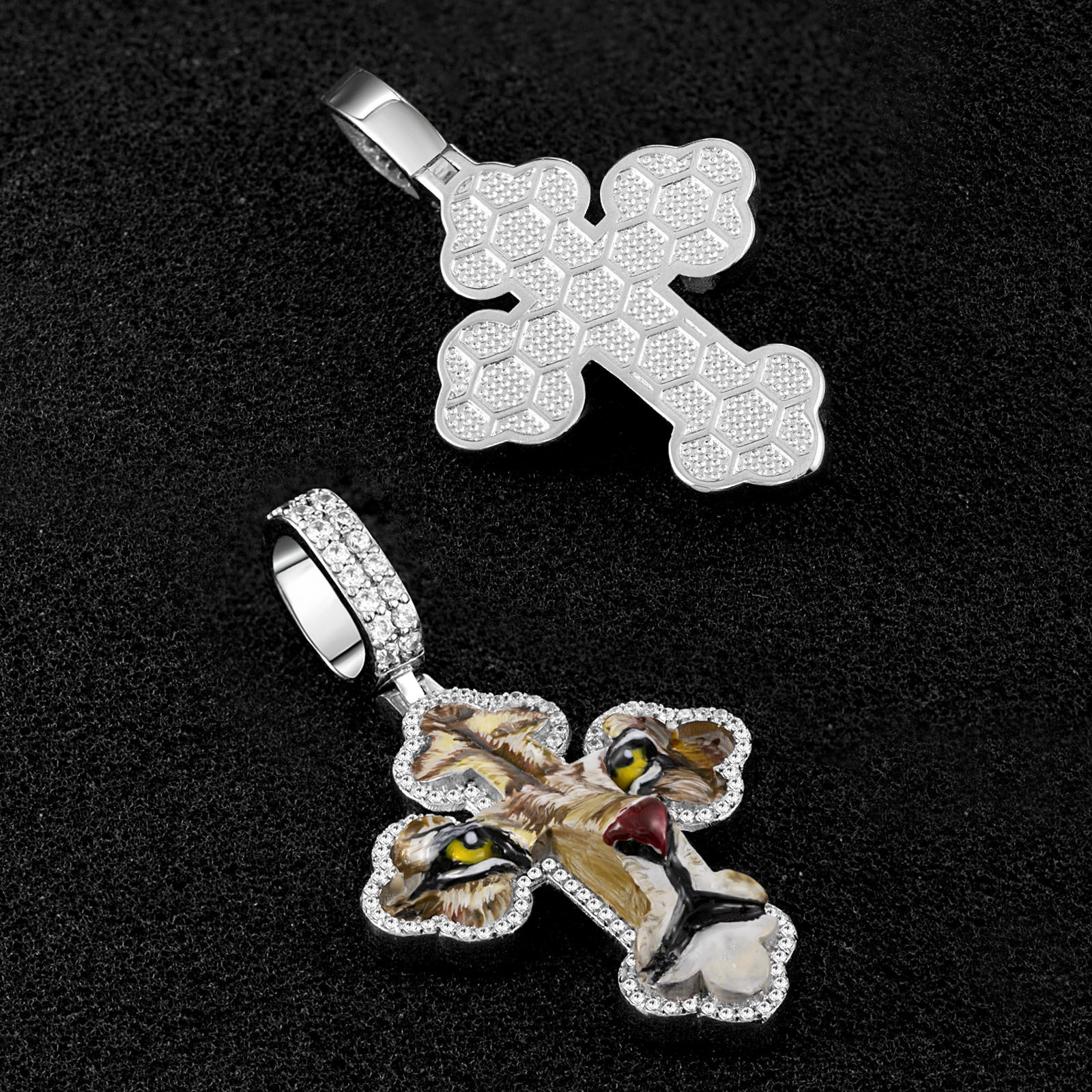 Luxury Moissanite Hip Hop Cross Cheetah Pendant Diamond Inlaid Enamel Personalized Streetwear Statement Necklace