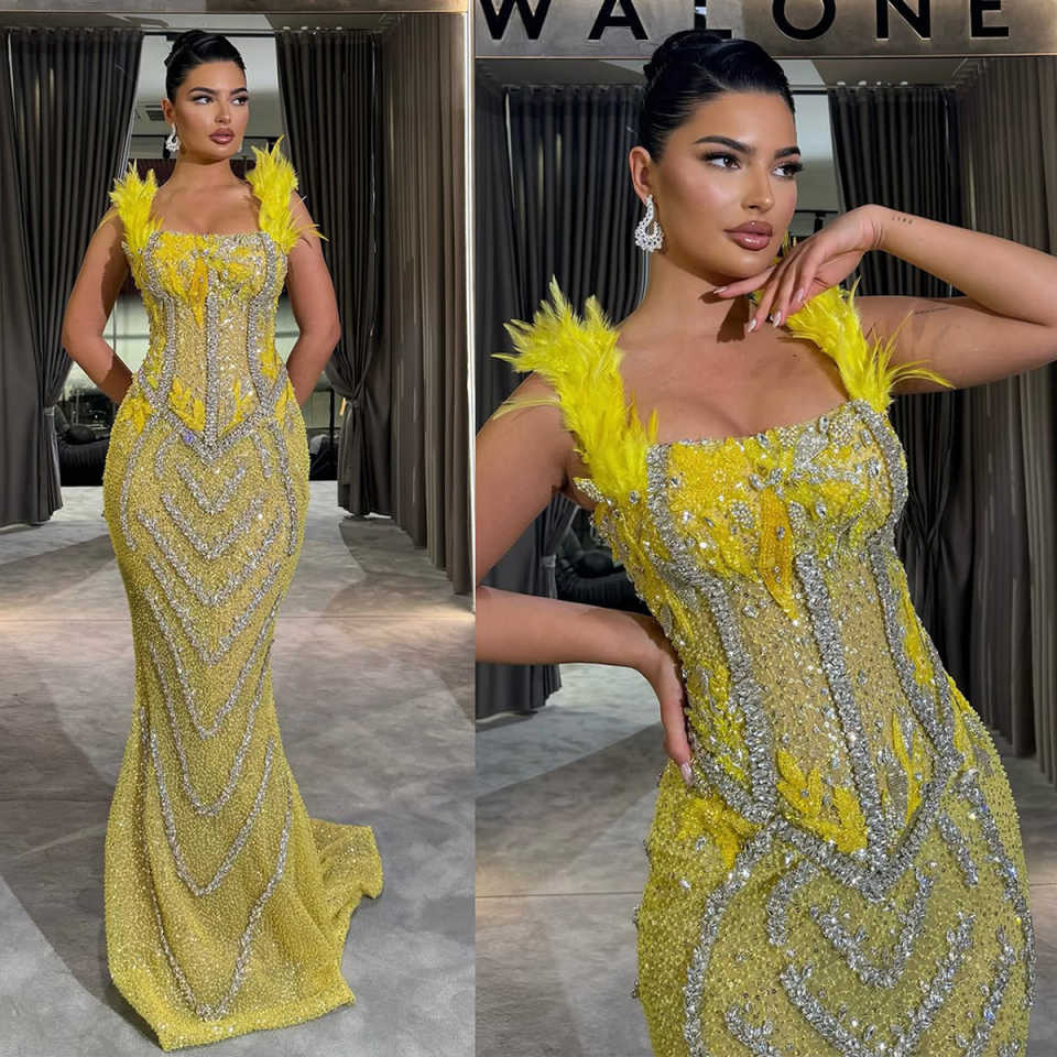 Luxury Beaded Sequined Evening Dresses Elegant Feather Square Neck Mermaid Prom Dress Crystal Floor Length Party Celebrity Gowns