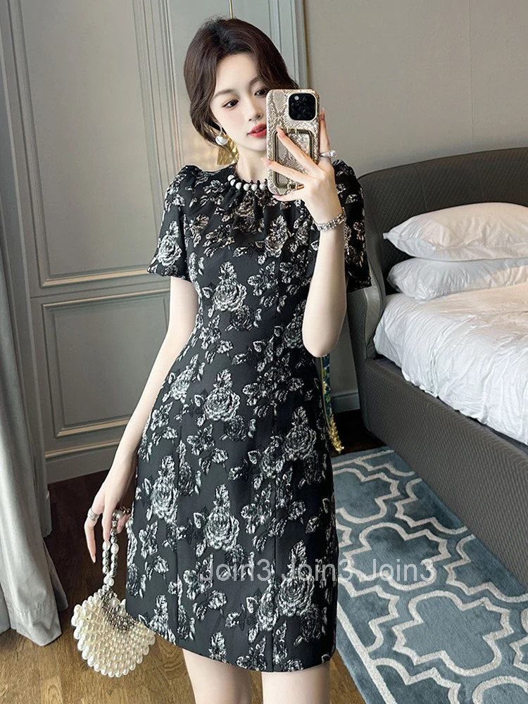 Summer Fashion Jacquard Elegant Luxury Retro O-Neck A-Line Dress Women Clothes Puff Sleeve Slim Short Party Prom Vestidos Fiesta