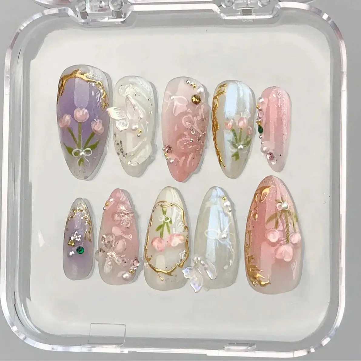 10PCS Handmade Spring/Summer press on nails Ballet Ribbon Blush Bloody Plaid Diamond Adam Mitchel Lambert Stick ons R250623