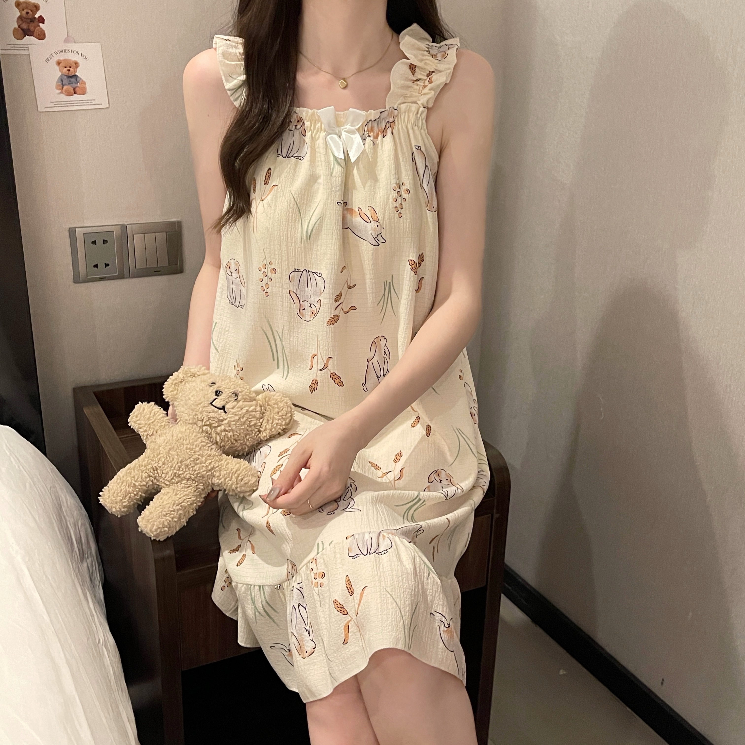 2025 women's models spring and summer sweet ins style halter mid-length loose nightgown female home dress grey rabbit