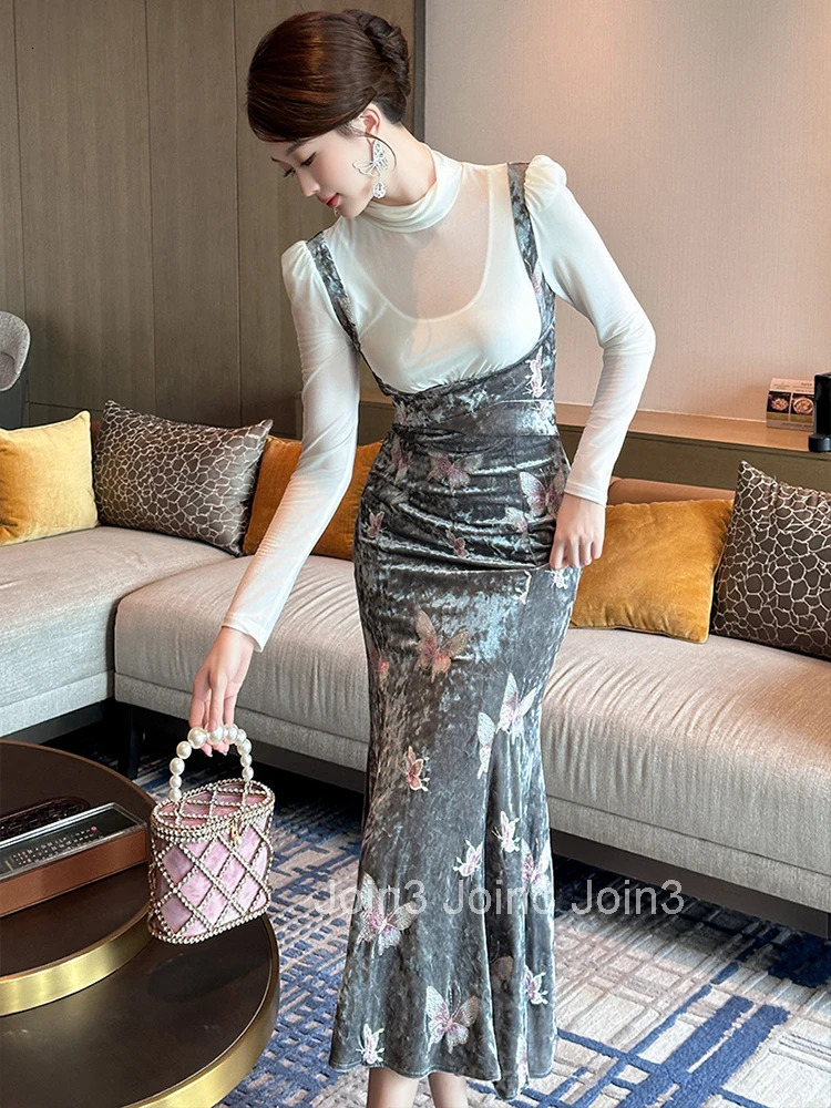 Women Clothes Fake 2-Piece Velvet Embroidery Stand Neck Slim Midi Fishtail Dress Elegant Party Vestido Robe Autumn Winter Casual