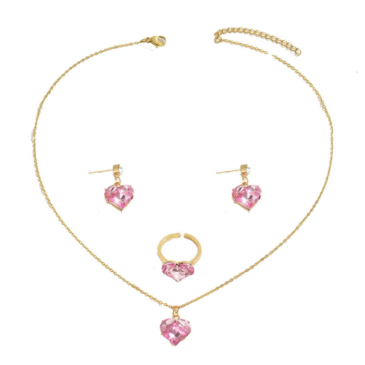 Cute Style Women's Ring Necklace Set Heart Inlaid Zircon Design Earrings Clarbone Chain