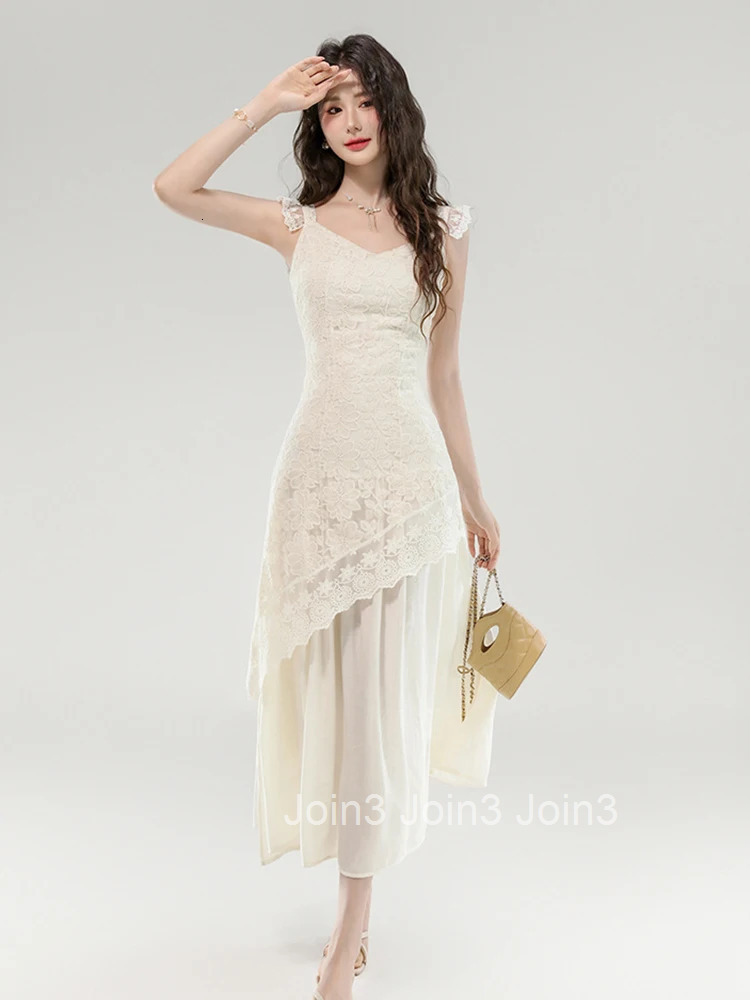 Women Clothes Sweet Lace Floral Sexy Sling V-Neck Slim Midi A-Line Dress Elegant Fashion Party Prom Vestidos Robe Casual Summer