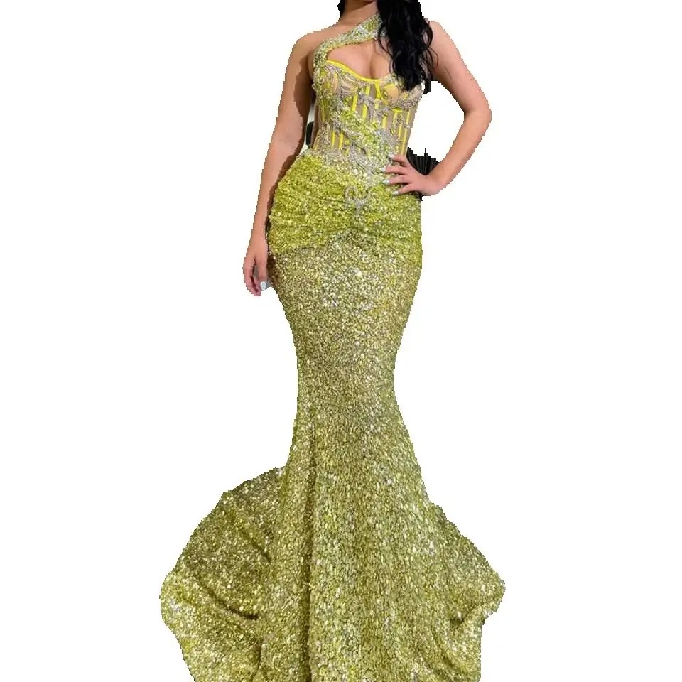 Exquisite One Shoulder Beading Prom Dresses Sexy Sleeveless Appliques Evening Dress Sequined Celebrity Party Gown Customized
