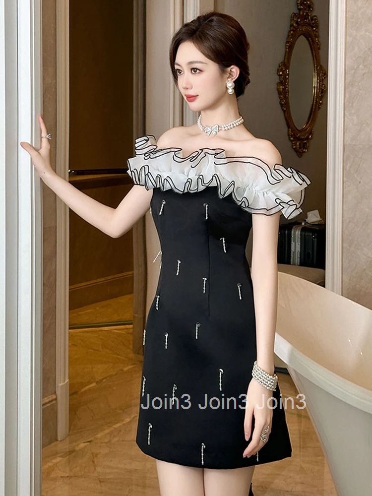 Summer Vintage Black Evening Dress Women Clothes Elegant Luxury Sweet Sexy Off-Shoulder Slim Short Party Club Birthday Vestidos