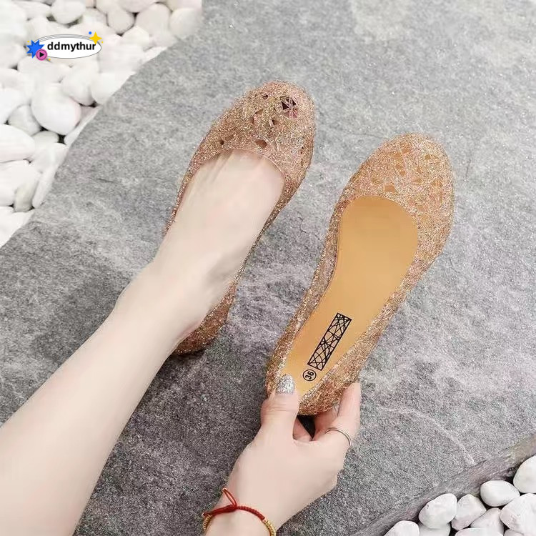High-end Crystal Versatile Non-slip Closed-toe Sandals Hollow Flat Jelly Women's Shoes Bird's Nest Beach Clogs ddmythur