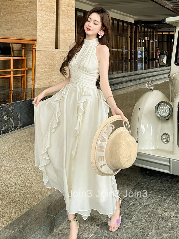 Summer Chiffon Sweet Ruffle Vacation Evening Dress Women Clothes Elegant Sexy Halter Corset A-Line Long Robe Party Prom Vestidos