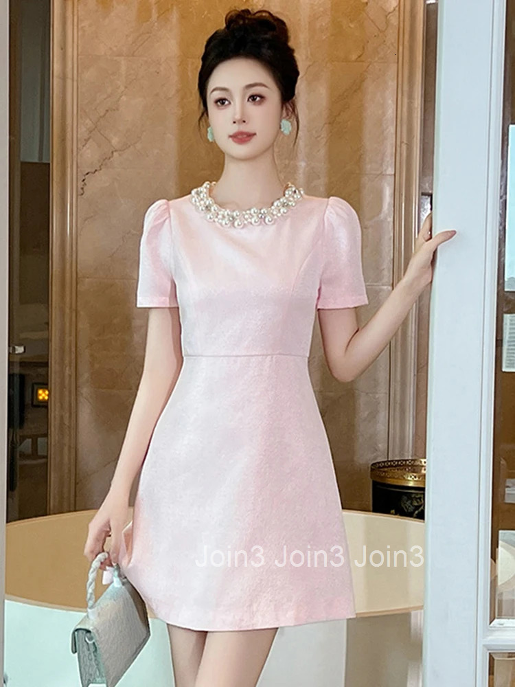 Summer Fashion Formal Occasion Evening Dress Women Elegant Luxury Pearl O-Neck Slim A-Line Short Party Vestidos Street Clothes