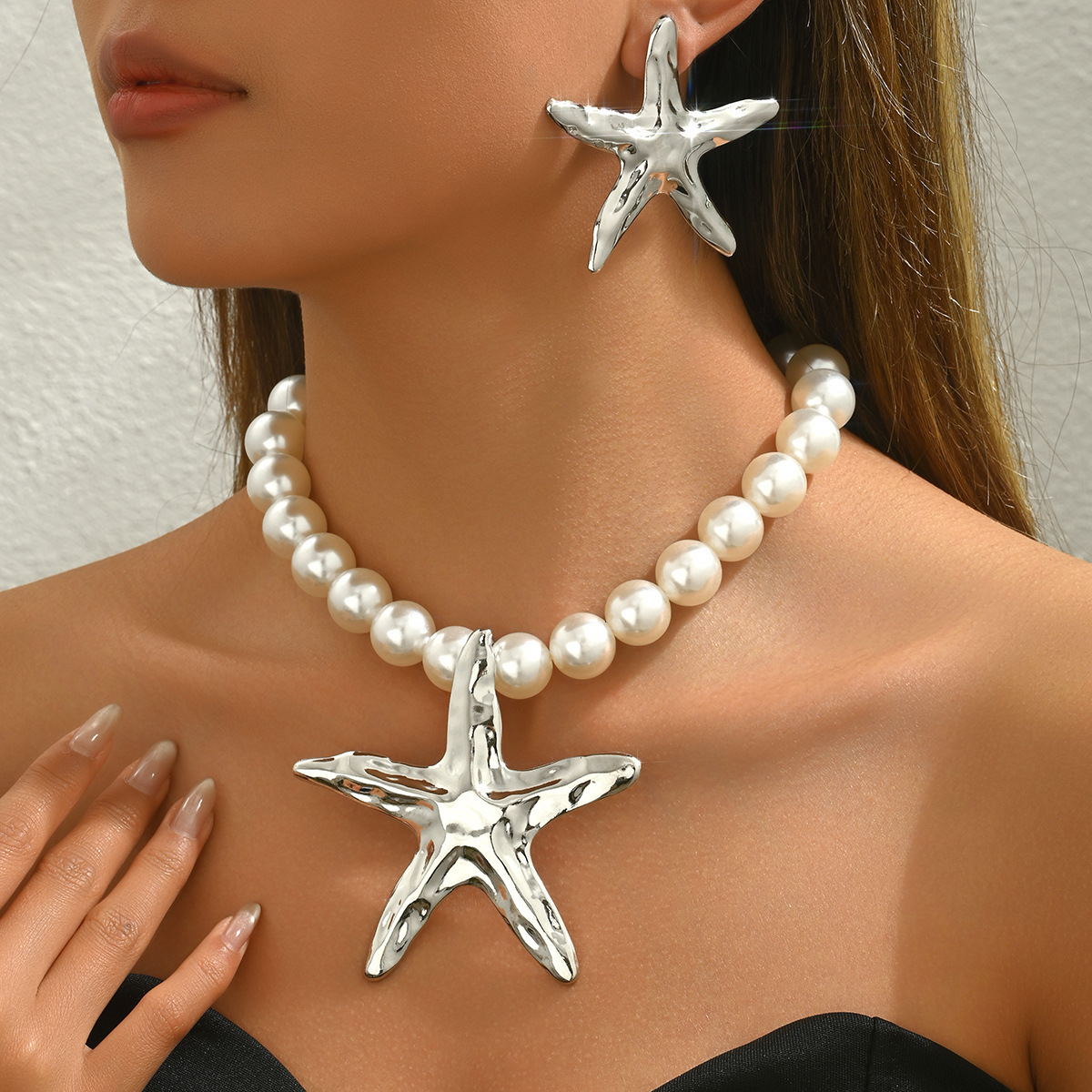 New Women's and Necklace Set, Unique Starfish Pearl Design, Long Clavicle Chain, Earrings
