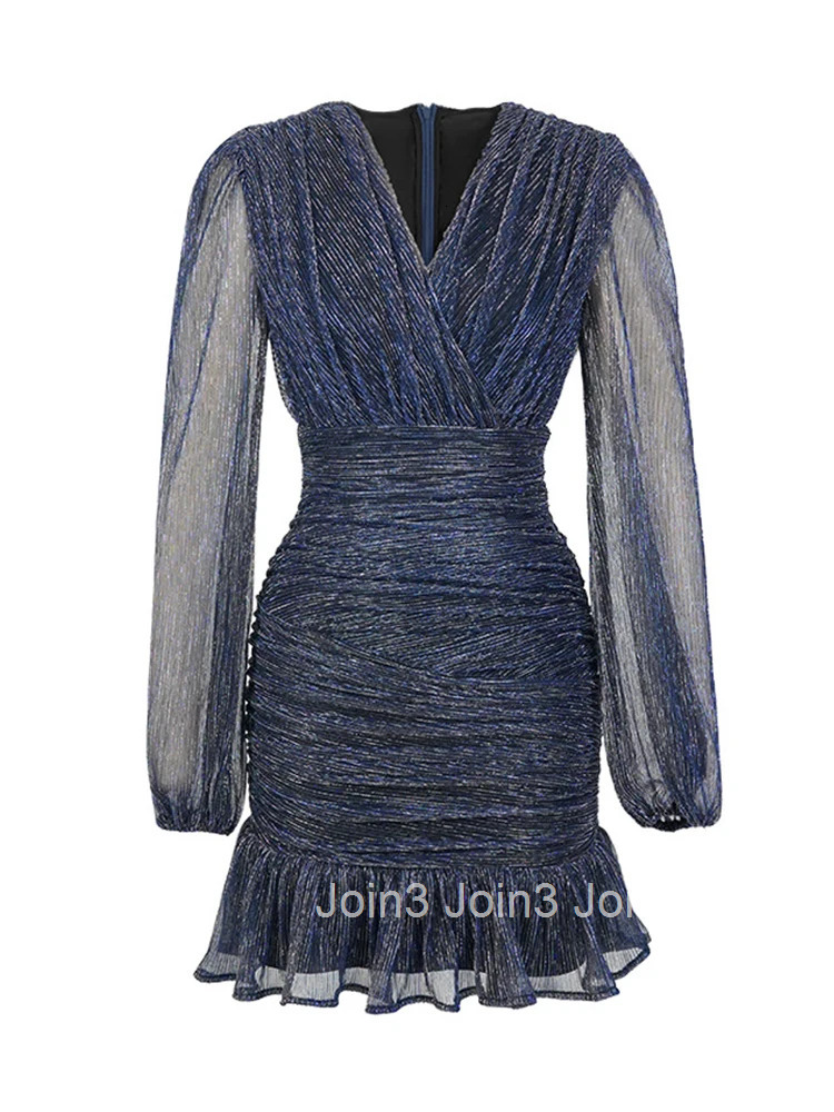 Fashion Lady Sparkly Bright Silk Evening Mini Short Dress Women Clothing Elegant Sexy V-Neck Slim Fishtail Party Prom Vestidos