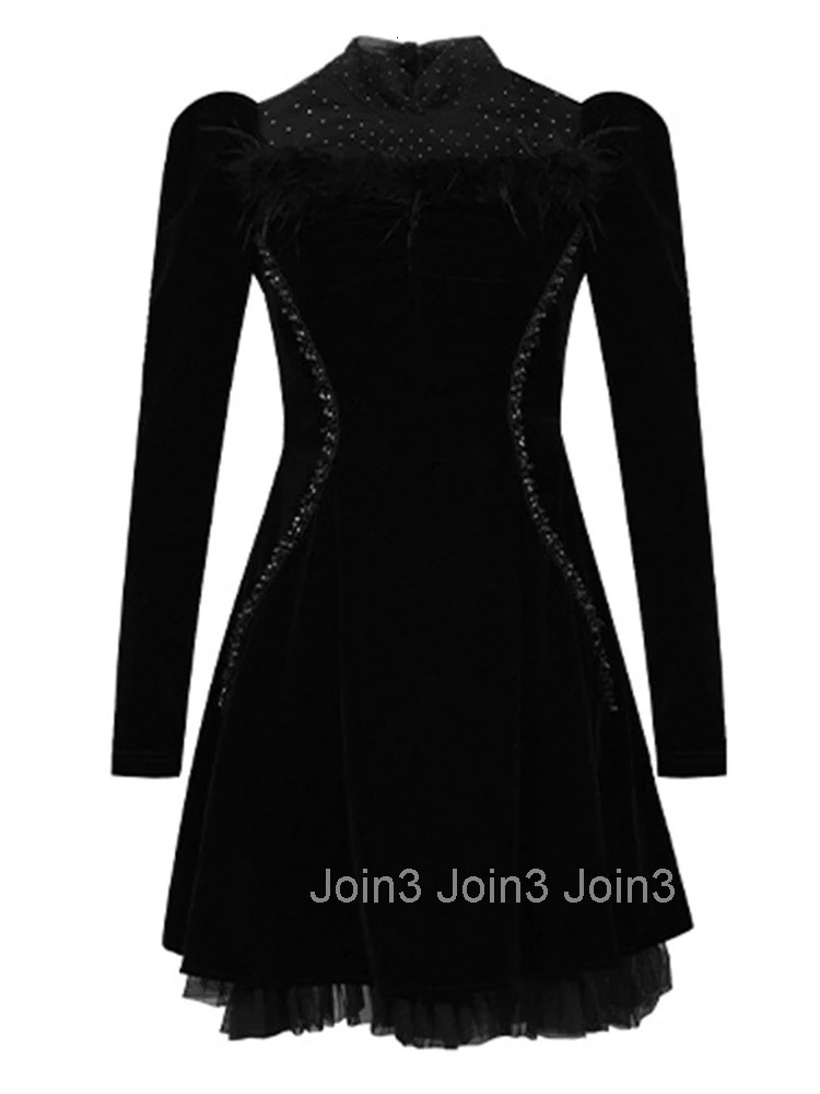 Women Clothes Retro Black Velvet Sheer Mesh Sexy Stand Neck Slim A-Line Mini Short Dress Elegant Fashion Party Vestidos Casual