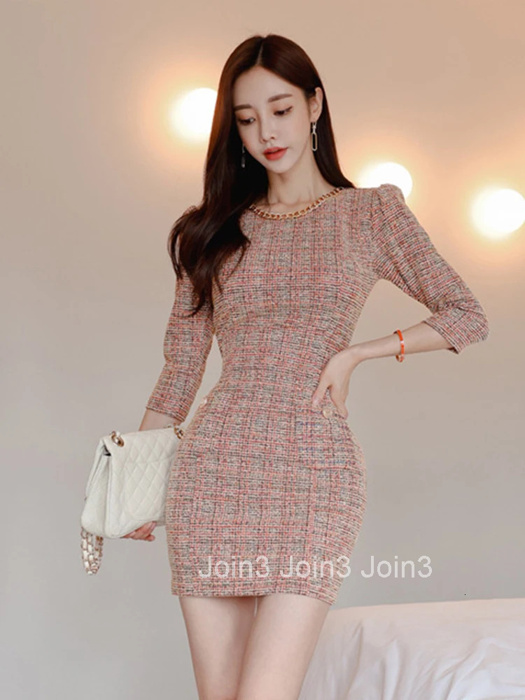 New Autumn Winter Elegant Short Dresses For Women Lady Formal Tweed Retro Sexy O-Neck Wrap Hip Mini Mujer Vestido Street Clothes