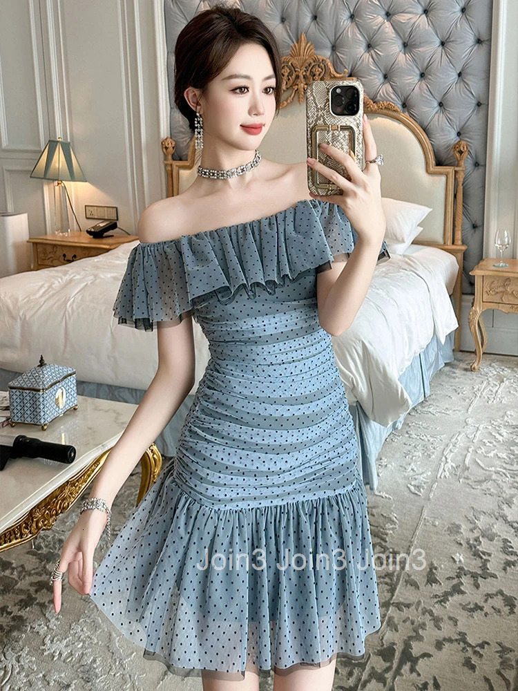 Summer Sweet Vacation Holiday Short Dress Women Clothes Elegant Ruffle Sexy Off-Shoulder Folds Bodycon Party Birthday Vestidos