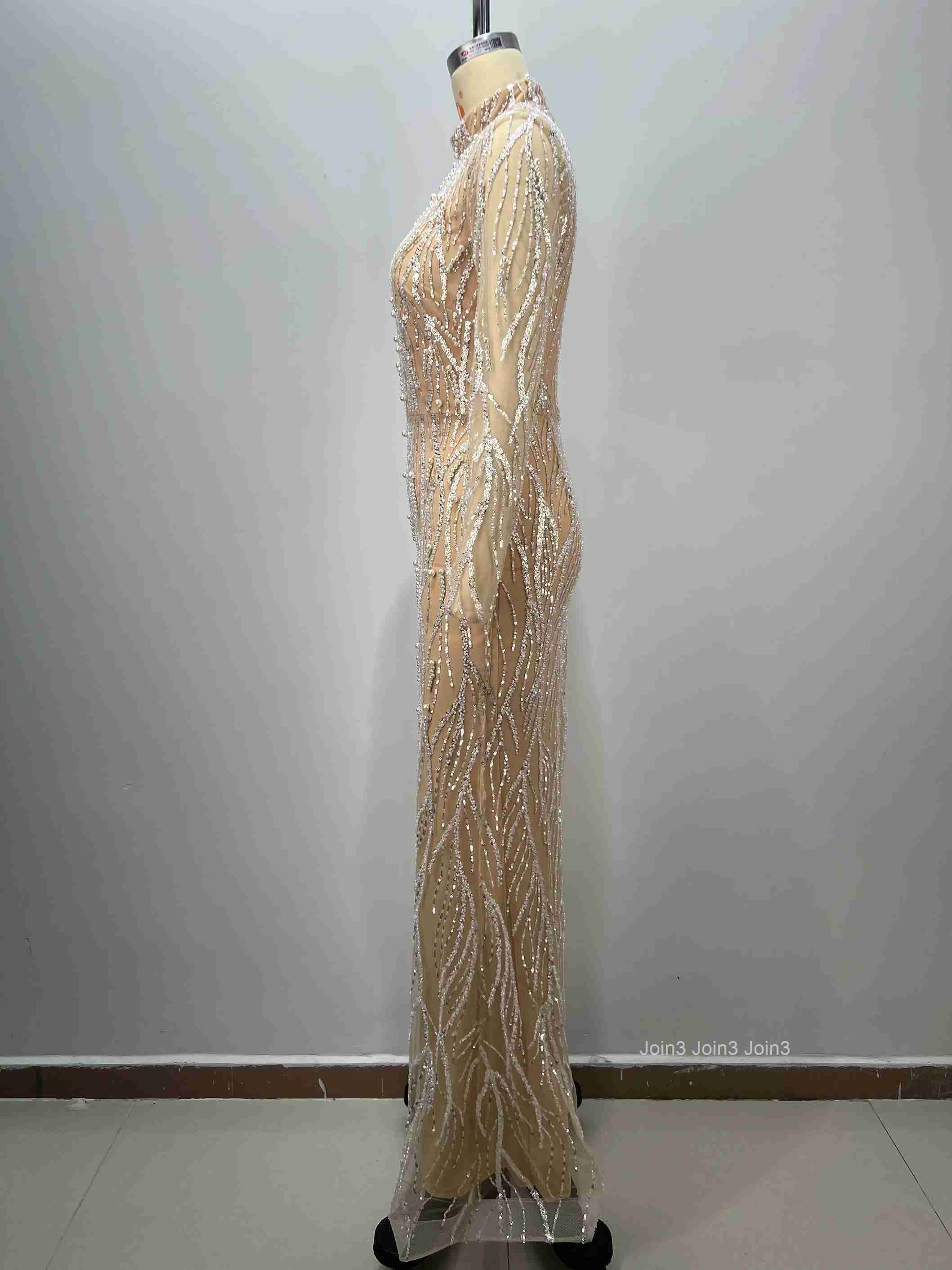 Womens Apricot Bandage Long Sleeve High Neck Gown Sheer Lace Applique with Crystal Sequin Beads for Formal Evening Red Carpe