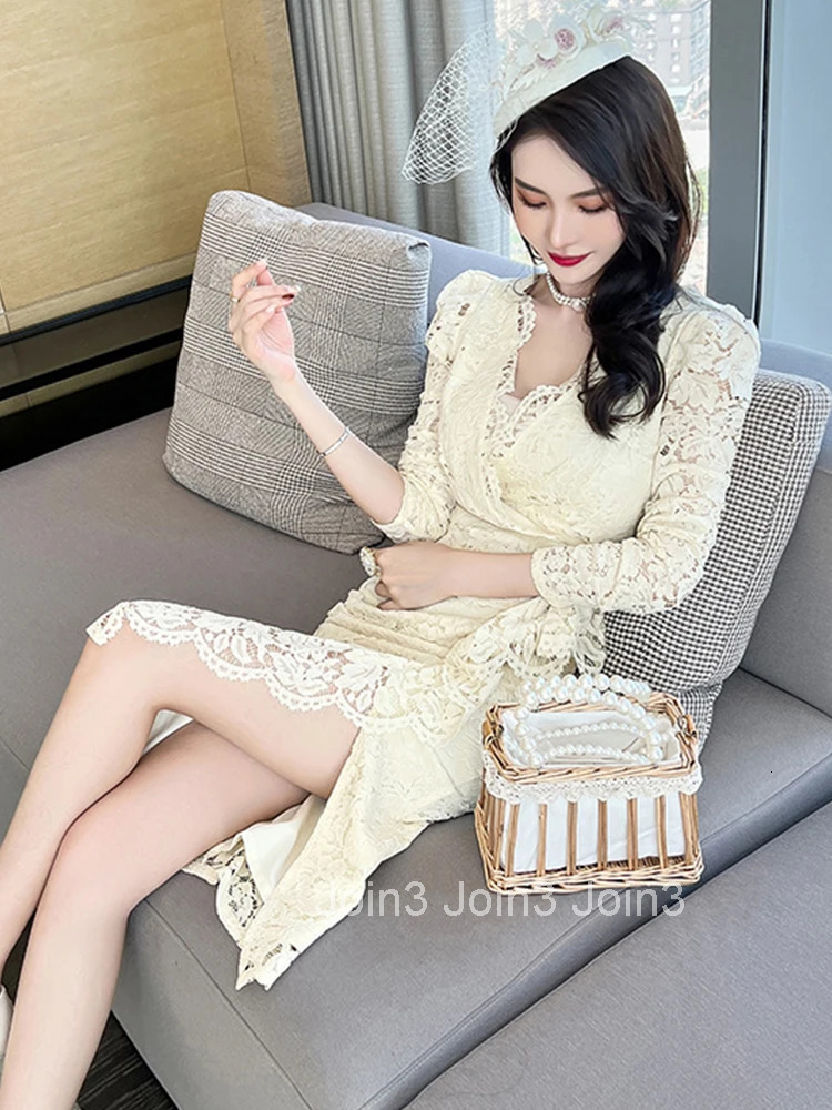 Fashion Korean Style Women Vintage Sexy Lace Ruffle Midi Party Dress Elegant Temperament Coffee Break Asymmetrical Female Dress