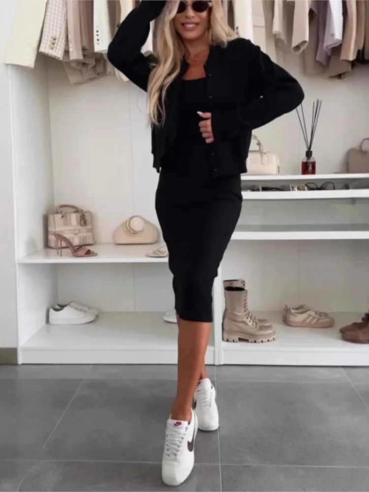 Summer Simple And Comfortable Casual Suspender Dress Set Fashion Cardigan Jacket Top Slim Long Skirt Twopiece 250614
