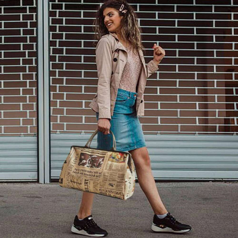 Retro Newspaper Printing Tote For Women Vintage Top-Handle Bags Water- Travel Lage Handbag