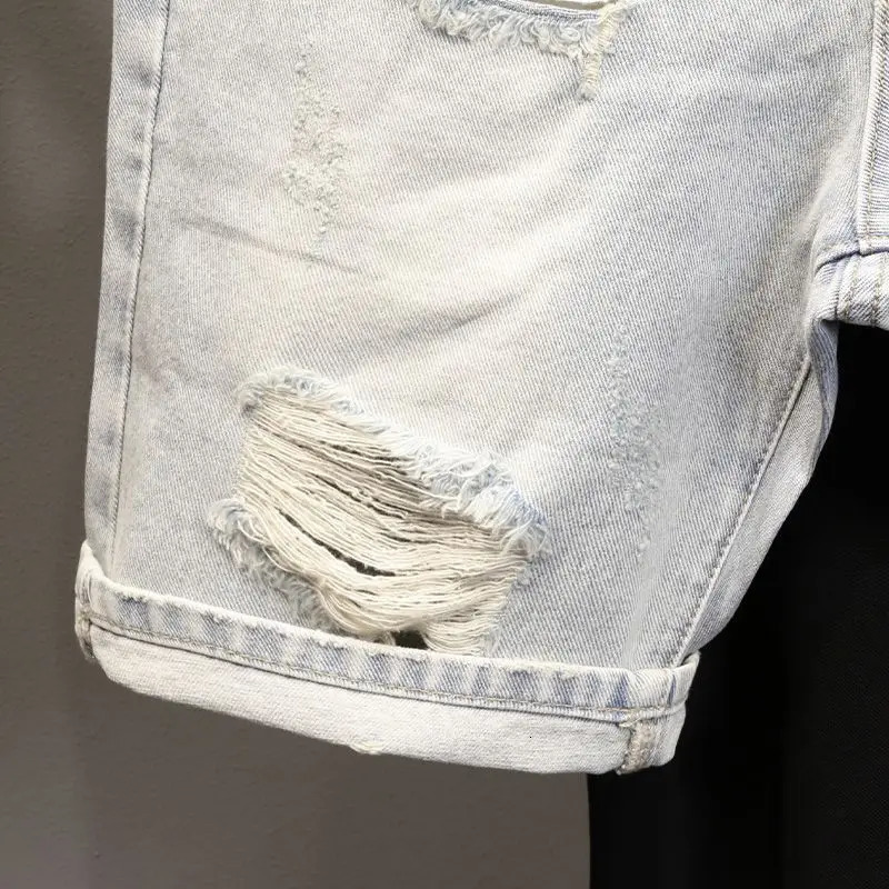 High Quality Summer Korean Clothing Mens Casual Denim Shorts Distressed Cat Whisker Streetwear Short Pants 250618