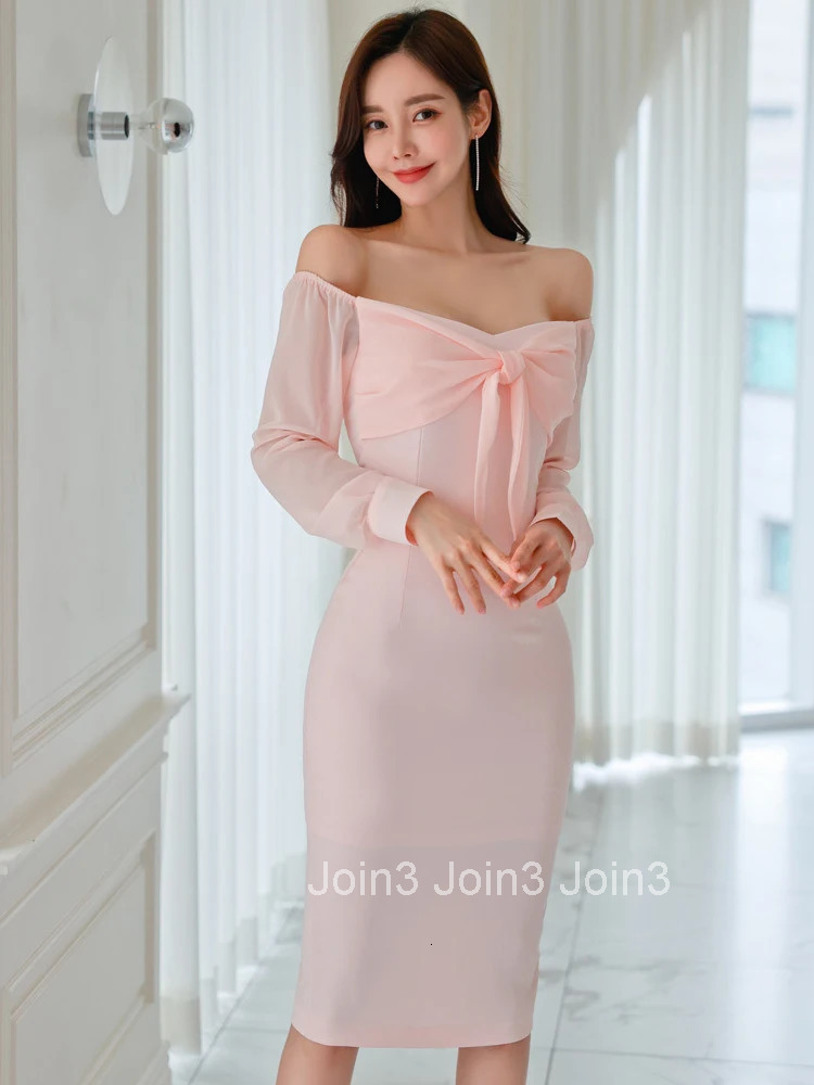 Korean Fashion Work Style Pink Sweet Evening Long Dress Women Clothes Elegant Sexy Off-Shoulder Slim Pencil Party Prom Vestidos