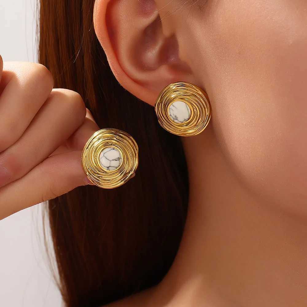 316L Stainless Steel Texture Cutout Inlaid Turquoise Stud Earring for Women Summer Beach Imitation Pearl Earrings Girl JewelryXJ250623