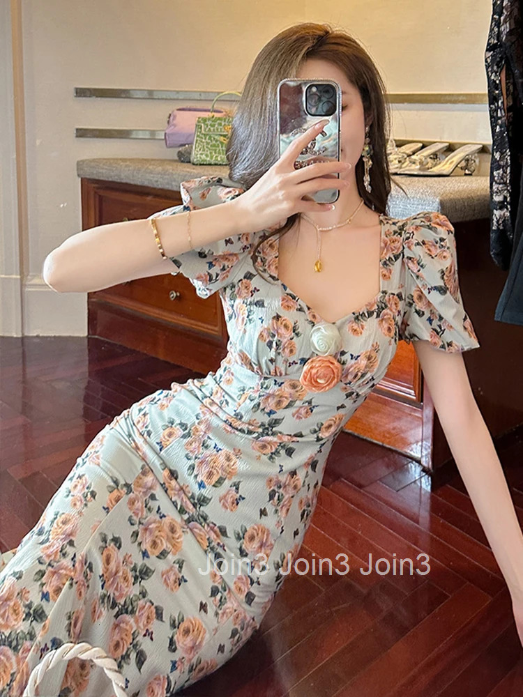 Summer Evening Dress Elegant Women Chic Flower Sexy Square Collar Slim Midi Party Prom Robe Femme Mujer Vestidos Street Clothes