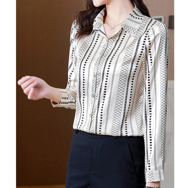 Satin Women Shirt 2025 Autumn Clothes Women Vintage Blouses Office Lady Long Sleeve Blouse Button Up Shirt OL Print Womens Tops 250617