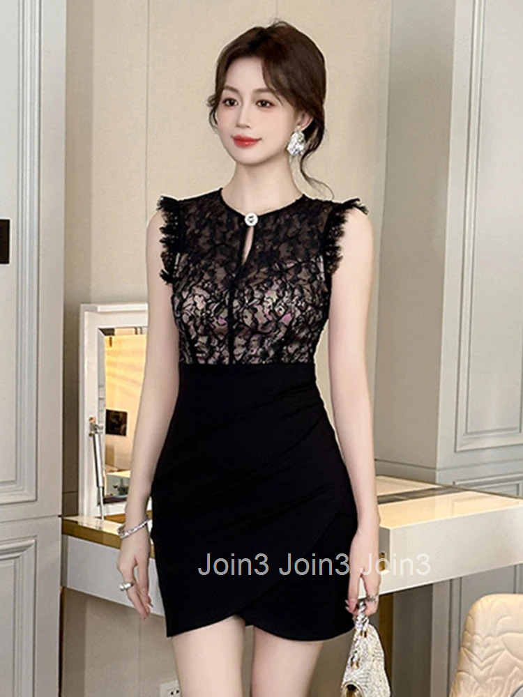 Elegant Black Lace Splic Summer Fashion Evening Dress Women Clothes Sexy Sleeveless Slim Short Party Club Prom Vestidos Fiesta