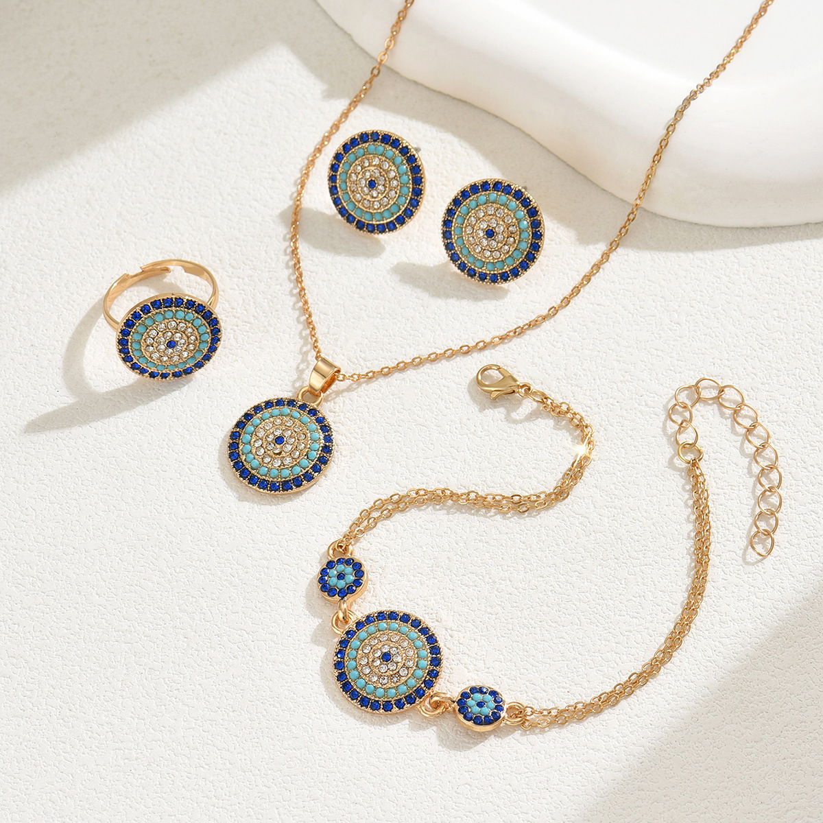 Minimalist Women's Necklace Ring Jewelry Set with Inlaid Round Bracelet and Stud Earrings Accessories