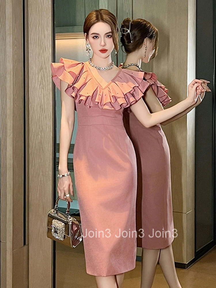 New Elegant Summer Fashion Pink Evening Dress Women Clothing Formal Occasion Sweet Ruffle V-Neck Slim Party Prom Vestidos Fiesta