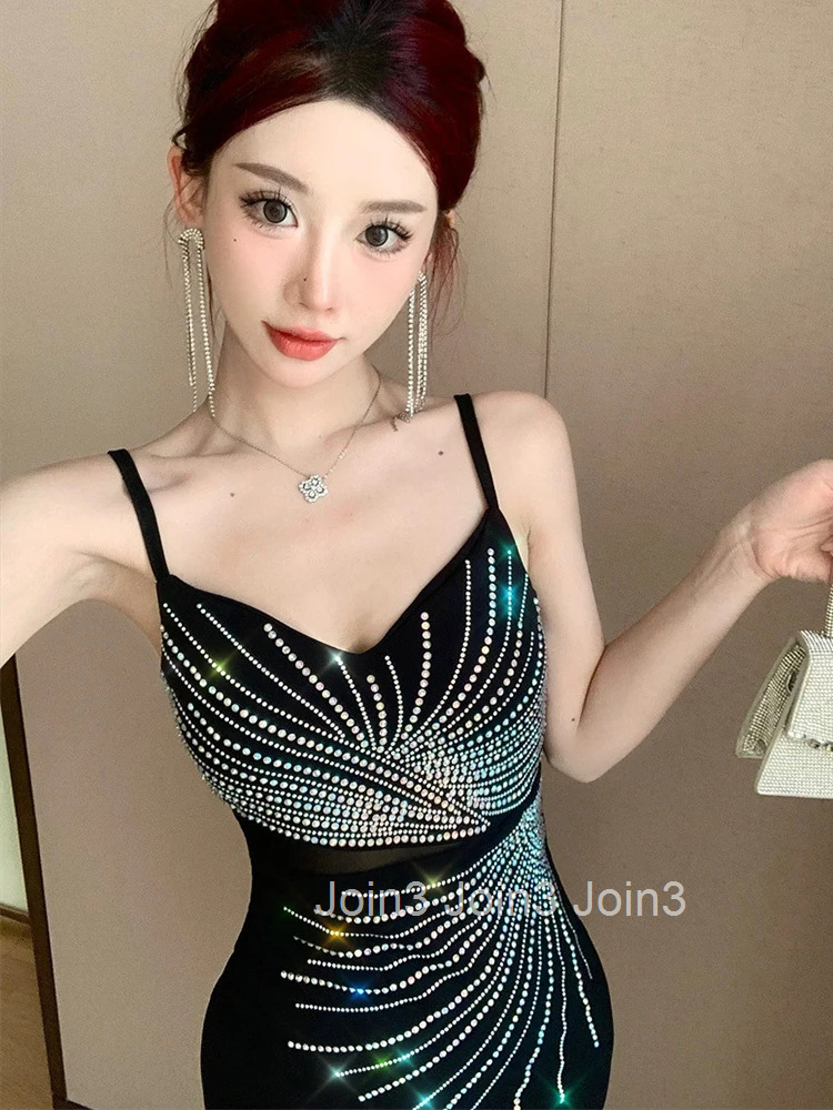 Summer Fashion Sparkly Black Evening Dress Women Clothes Elegant Sexy Sling Backless Skinny Mini Short Party Club Prom Vestidos