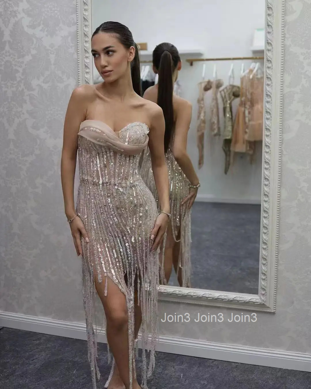 Womens Evening Gown Luxury Fringe Sequin Strapless Bustier Dress Fashion Bodycon Dress