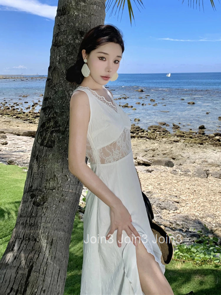 Women Vacation Clothes White Lace Floral Sheer Sexy V-Neck Slim A-Line Long Dress Elegant Fashion Party Prom Vestido Robe Casual