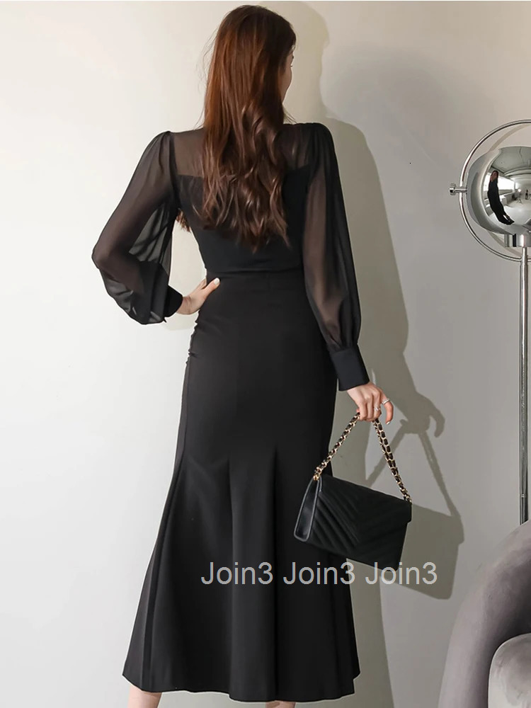 New Fashion Spring Autumn Black Shirt Long Dress Women Ladies Clothing Commute Chiffon Sheer Sexy Slim Midi Mujer Robe Vestidos