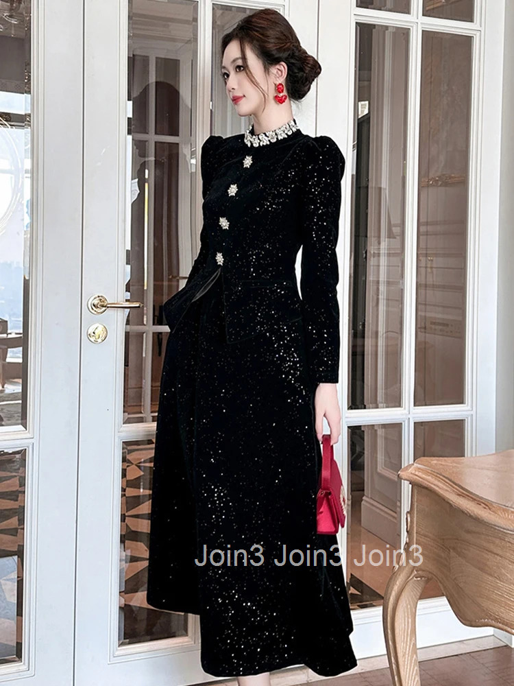 Women Clothes Elegant Luxury Sparkly Black Velvet O-Neck Slim Midi A-Line Long Dress Fashion Evening Party Prom Vestido Robe New