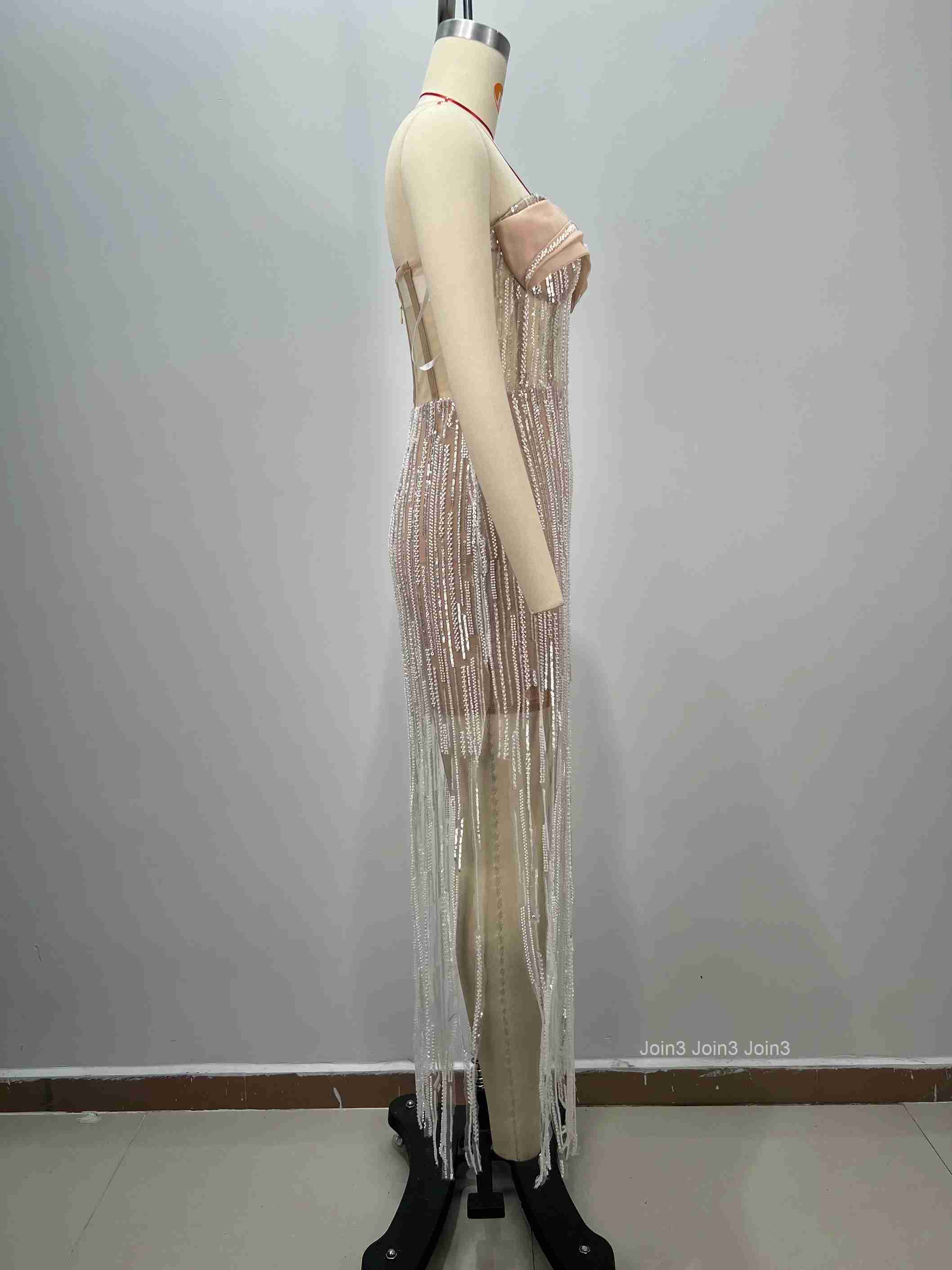 Womens Evening Gown Luxury Fringe Sequin Strapless Bustier Dress Fashion Bodycon Dress